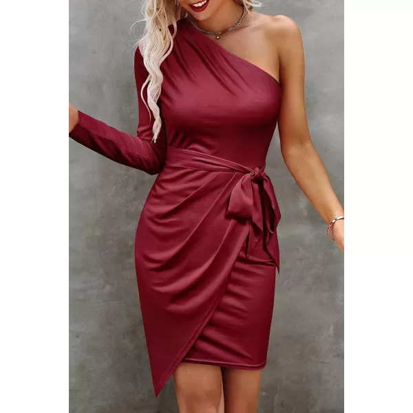 imagePRETTYGARDEN Womens Fall Fashion One Shoulder Long Sleeve Bodycon Dresses Ruched Irregular Hem Mini DressLong Sleeve Wine Red