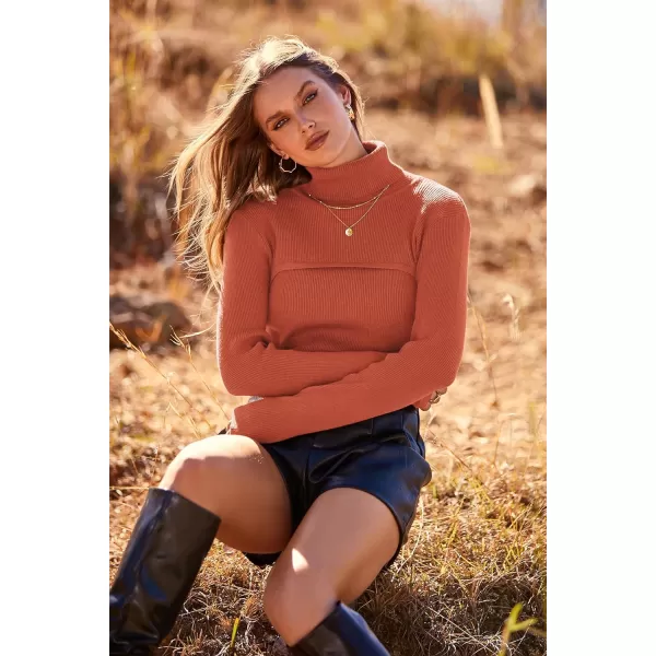 imagePRETTYGARDEN Womens Fall Fashion Turtleneck Pullover Sweaters Casual Long Sleeve Cable Knit Fitted Jumper TopsXiu Red
