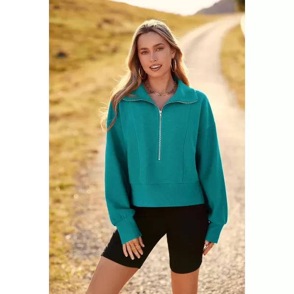 imagePRETTYGARDEN Womens Fall Fashion Zip Up Sweatshirt Casual Long Lantern Sleeve Split Hem Collared Blouse TopAqua Green