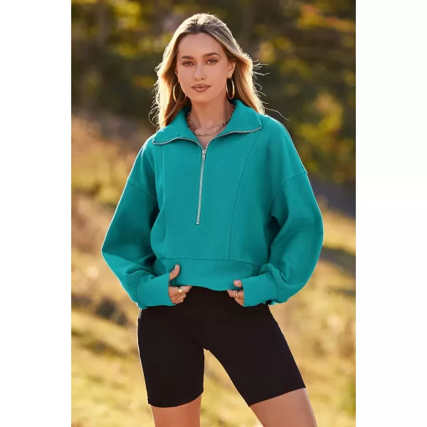 imagePRETTYGARDEN Womens Fall Fashion Zip Up Sweatshirt Casual Long Lantern Sleeve Split Hem Collared Blouse TopAqua Green