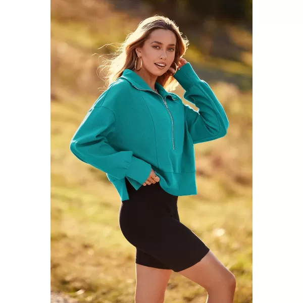 imagePRETTYGARDEN Womens Fall Fashion Zip Up Sweatshirt Casual Long Lantern Sleeve Split Hem Collared Blouse TopAqua Green