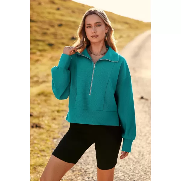 imagePRETTYGARDEN Womens Fall Fashion Zip Up Sweatshirt Casual Long Lantern Sleeve Split Hem Collared Blouse TopAqua Green