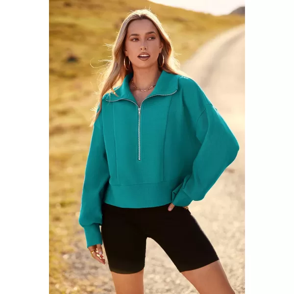 imagePRETTYGARDEN Womens Fall Fashion Zip Up Sweatshirt Casual Long Lantern Sleeve Split Hem Collared Blouse TopAqua Green