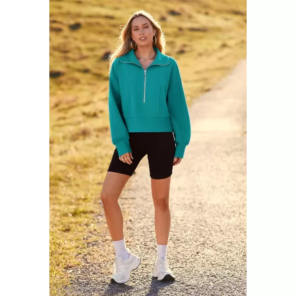 imagePRETTYGARDEN Womens Fall Fashion Zip Up Sweatshirt Casual Long Lantern Sleeve Split Hem Collared Blouse TopAqua Green