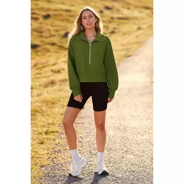 imagePRETTYGARDEN Womens Fall Fashion Zip Up Sweatshirt Casual Long Lantern Sleeve Split Hem Collared Blouse TopArmy Green