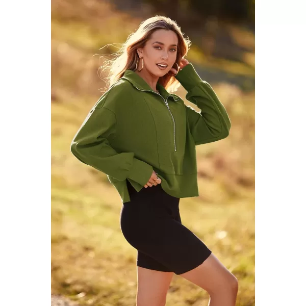 imagePRETTYGARDEN Womens Fall Fashion Zip Up Sweatshirt Casual Long Lantern Sleeve Split Hem Collared Blouse TopArmy Green