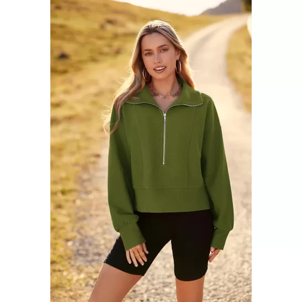 imagePRETTYGARDEN Womens Fall Fashion Zip Up Sweatshirt Casual Long Lantern Sleeve Split Hem Collared Blouse TopArmy Green