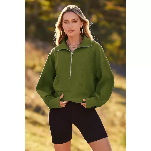 imagePRETTYGARDEN Womens Fall Fashion Zip Up Sweatshirt Casual Long Lantern Sleeve Split Hem Collared Blouse TopArmy Green