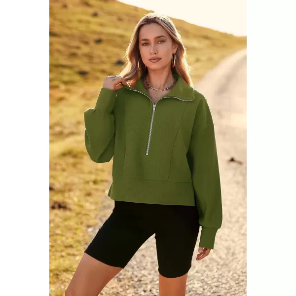 imagePRETTYGARDEN Womens Fall Fashion Zip Up Sweatshirt Casual Long Lantern Sleeve Split Hem Collared Blouse TopArmy Green