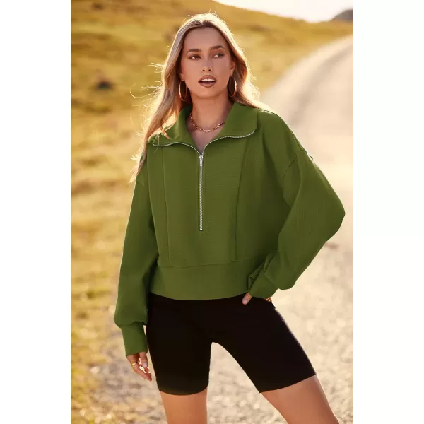 imagePRETTYGARDEN Womens Fall Fashion Zip Up Sweatshirt Casual Long Lantern Sleeve Split Hem Collared Blouse TopArmy Green