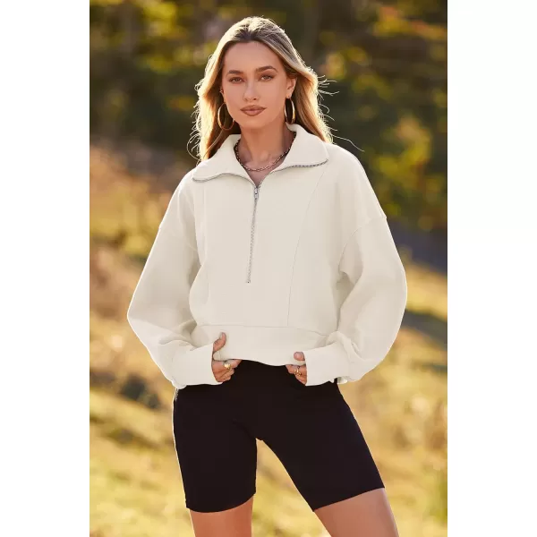 imagePRETTYGARDEN Womens Fall Fashion Zip Up Sweatshirt Casual Long Lantern Sleeve Split Hem Collared Blouse TopBeige White
