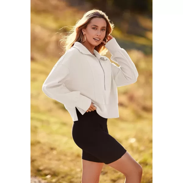 imagePRETTYGARDEN Womens Fall Fashion Zip Up Sweatshirt Casual Long Lantern Sleeve Split Hem Collared Blouse TopBeige White