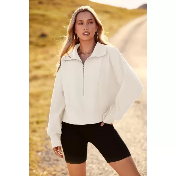 imagePRETTYGARDEN Womens Fall Fashion Zip Up Sweatshirt Casual Long Lantern Sleeve Split Hem Collared Blouse TopBeige White
