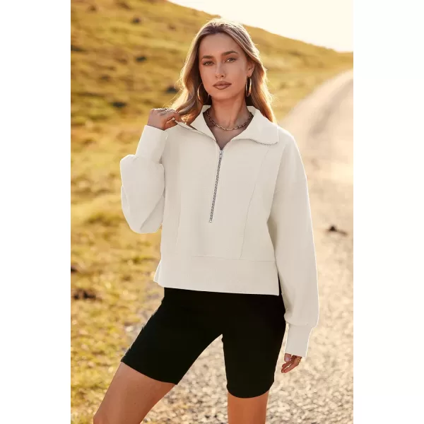 imagePRETTYGARDEN Womens Fall Fashion Zip Up Sweatshirt Casual Long Lantern Sleeve Split Hem Collared Blouse TopBeige White