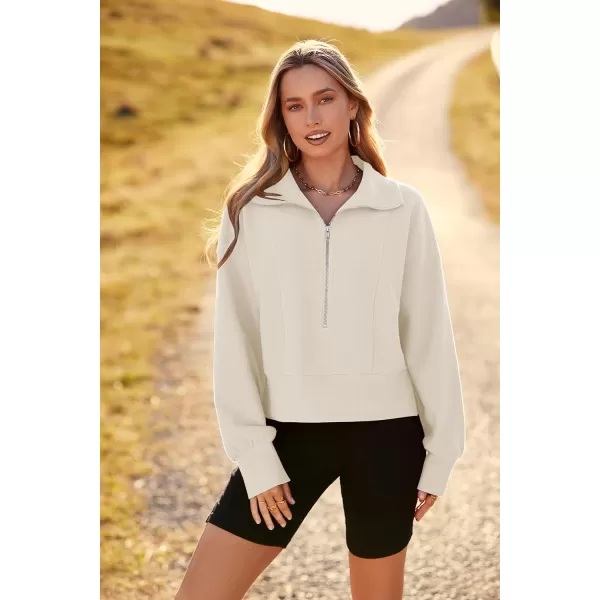 imagePRETTYGARDEN Womens Fall Fashion Zip Up Sweatshirt Casual Long Lantern Sleeve Split Hem Collared Blouse TopBeige White