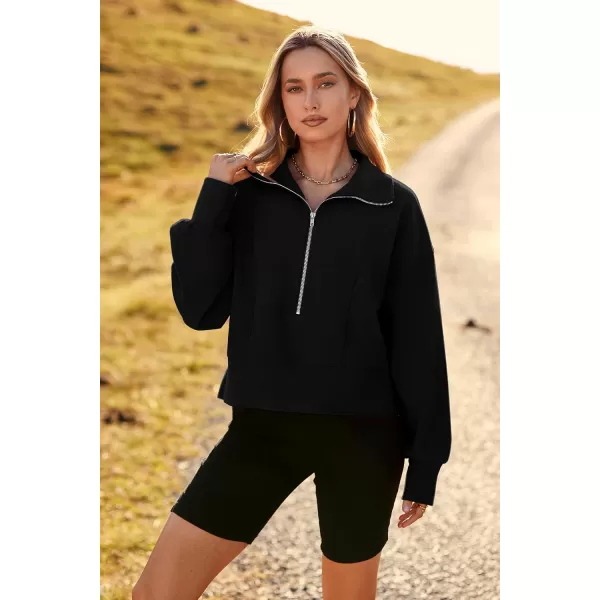 imagePRETTYGARDEN Womens Fall Fashion Zip Up Sweatshirt Casual Long Lantern Sleeve Split Hem Collared Blouse TopBlack