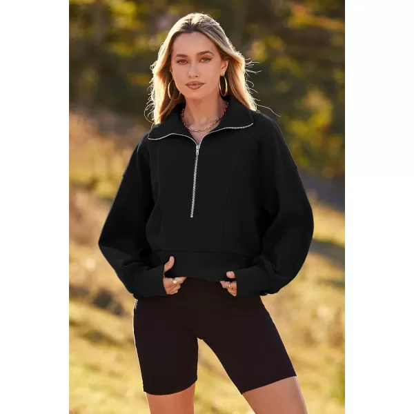 imagePRETTYGARDEN Womens Fall Fashion Zip Up Sweatshirt Casual Long Lantern Sleeve Split Hem Collared Blouse TopBlack