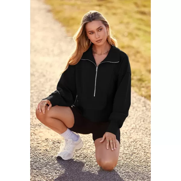 imagePRETTYGARDEN Womens Fall Fashion Zip Up Sweatshirt Casual Long Lantern Sleeve Split Hem Collared Blouse TopBlack