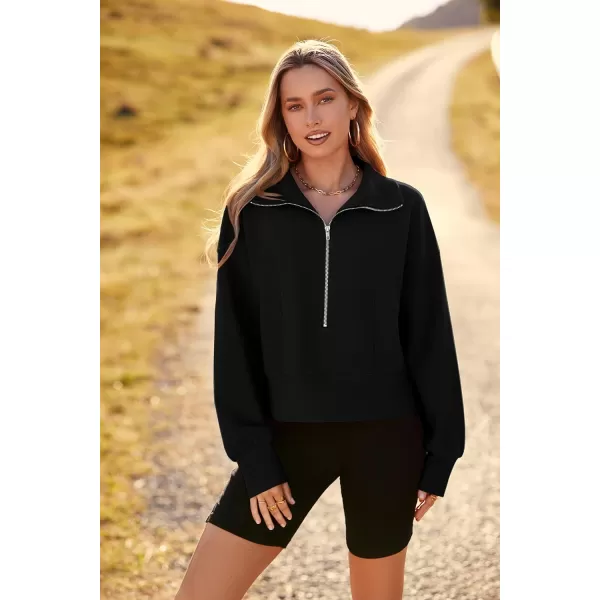 imagePRETTYGARDEN Womens Fall Fashion Zip Up Sweatshirt Casual Long Lantern Sleeve Split Hem Collared Blouse TopBlack