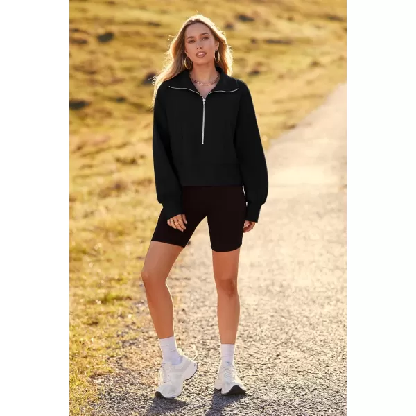 imagePRETTYGARDEN Womens Fall Fashion Zip Up Sweatshirt Casual Long Lantern Sleeve Split Hem Collared Blouse TopBlack