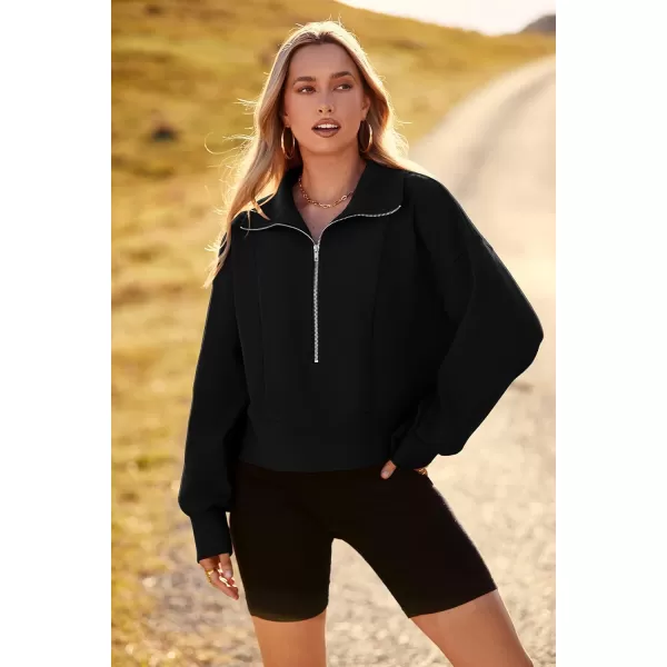 imagePRETTYGARDEN Womens Fall Fashion Zip Up Sweatshirt Casual Long Lantern Sleeve Split Hem Collared Blouse TopBlack