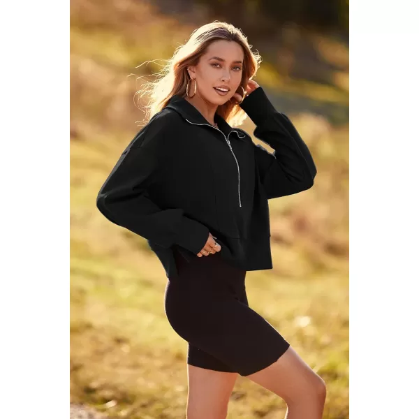 imagePRETTYGARDEN Womens Fall Fashion Zip Up Sweatshirt Casual Long Lantern Sleeve Split Hem Collared Blouse TopBlack