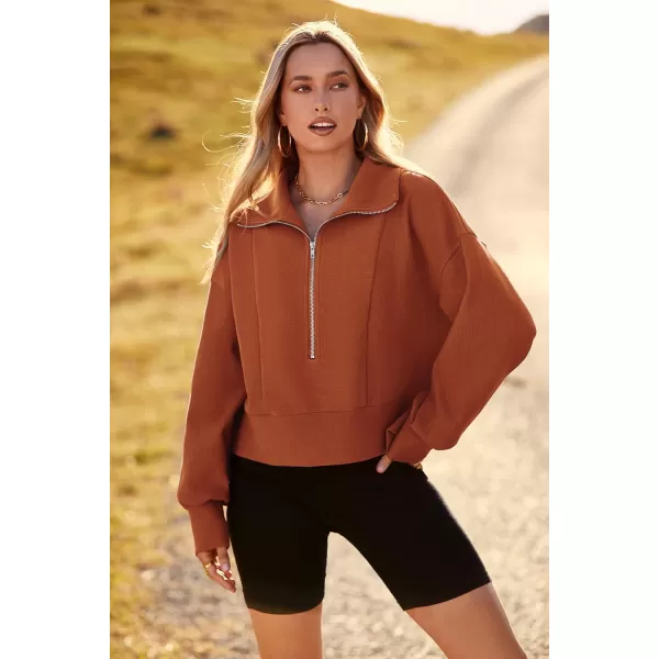 imagePRETTYGARDEN Womens Fall Fashion Zip Up Sweatshirt Casual Long Lantern Sleeve Split Hem Collared Blouse TopBrown