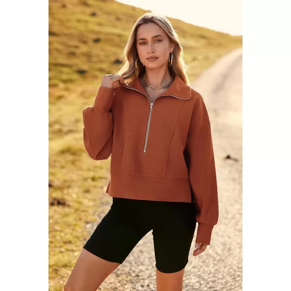 imagePRETTYGARDEN Womens Fall Fashion Zip Up Sweatshirt Casual Long Lantern Sleeve Split Hem Collared Blouse TopBrown
