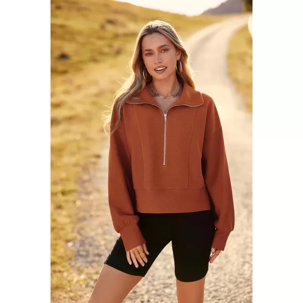 imagePRETTYGARDEN Womens Fall Fashion Zip Up Sweatshirt Casual Long Lantern Sleeve Split Hem Collared Blouse TopBrown