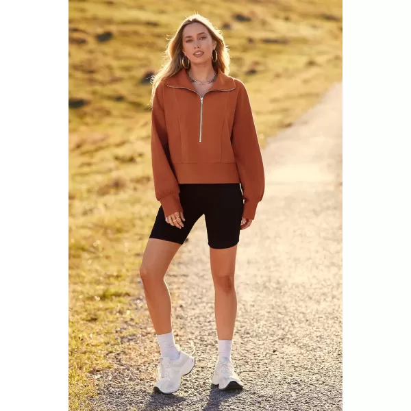 imagePRETTYGARDEN Womens Fall Fashion Zip Up Sweatshirt Casual Long Lantern Sleeve Split Hem Collared Blouse TopBrown