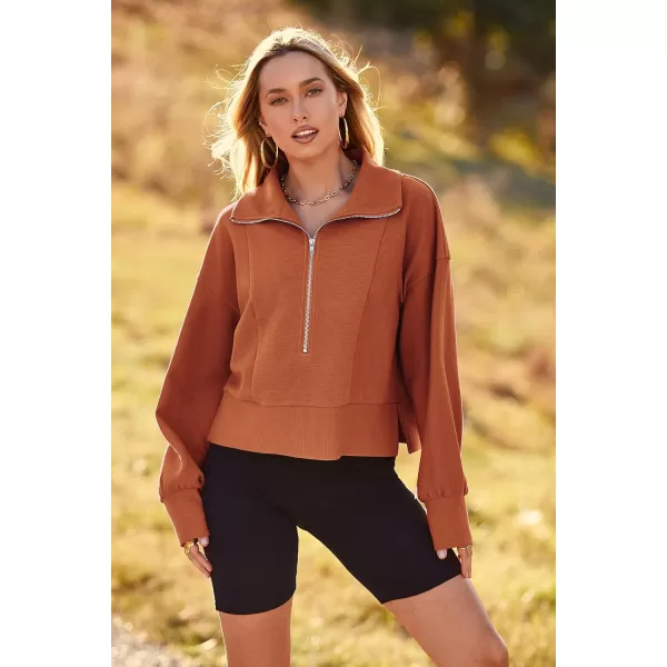 imagePRETTYGARDEN Womens Fall Fashion Zip Up Sweatshirt Casual Long Lantern Sleeve Split Hem Collared Blouse TopBrown