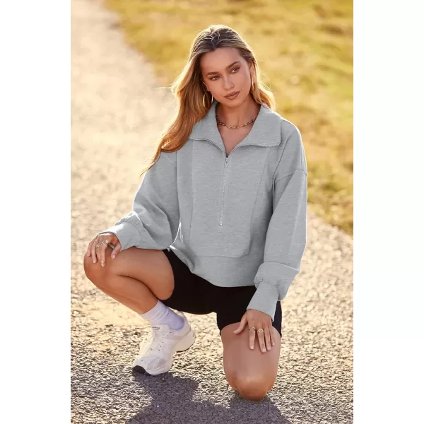 imagePRETTYGARDEN Womens Fall Fashion Zip Up Sweatshirt Casual Long Lantern Sleeve Split Hem Collared Blouse TopGrey