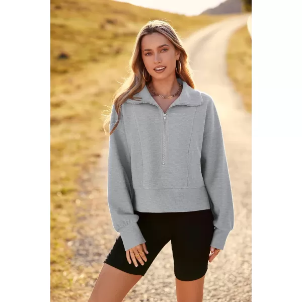 imagePRETTYGARDEN Womens Fall Fashion Zip Up Sweatshirt Casual Long Lantern Sleeve Split Hem Collared Blouse TopGrey