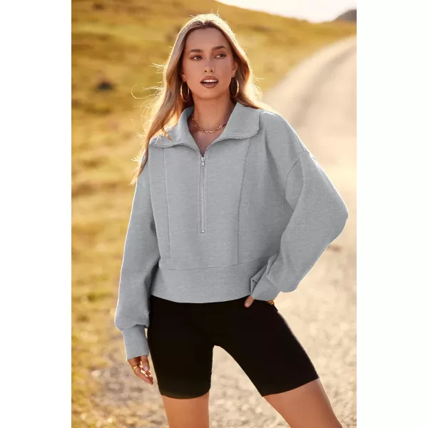 imagePRETTYGARDEN Womens Fall Fashion Zip Up Sweatshirt Casual Long Lantern Sleeve Split Hem Collared Blouse TopGrey