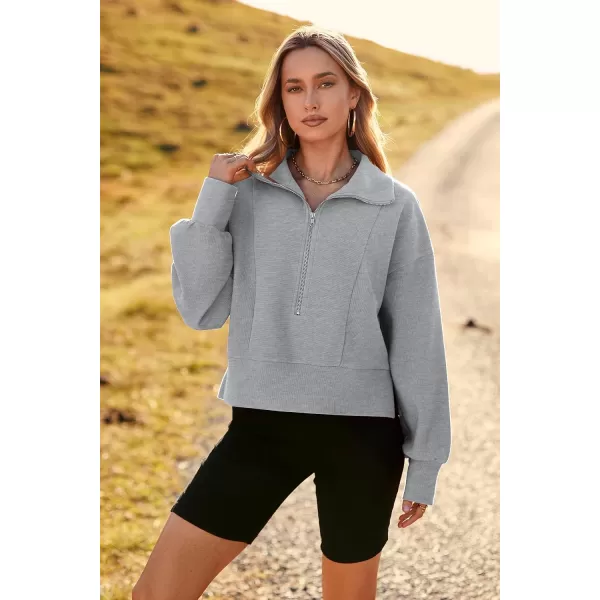 imagePRETTYGARDEN Womens Fall Fashion Zip Up Sweatshirt Casual Long Lantern Sleeve Split Hem Collared Blouse TopGrey