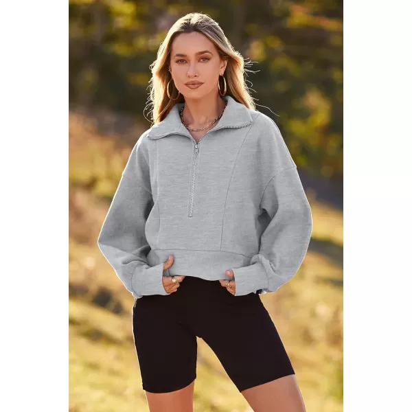 imagePRETTYGARDEN Womens Fall Fashion Zip Up Sweatshirt Casual Long Lantern Sleeve Split Hem Collared Blouse TopGrey