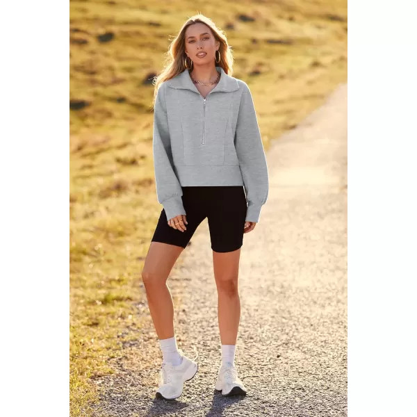 imagePRETTYGARDEN Womens Fall Fashion Zip Up Sweatshirt Casual Long Lantern Sleeve Split Hem Collared Blouse TopGrey