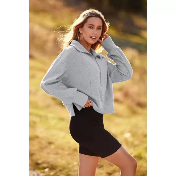 imagePRETTYGARDEN Womens Fall Fashion Zip Up Sweatshirt Casual Long Lantern Sleeve Split Hem Collared Blouse TopGrey