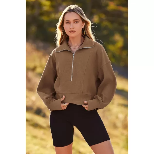 imagePRETTYGARDEN Womens Fall Fashion Zip Up Sweatshirt Casual Long Lantern Sleeve Split Hem Collared Blouse TopKhaki