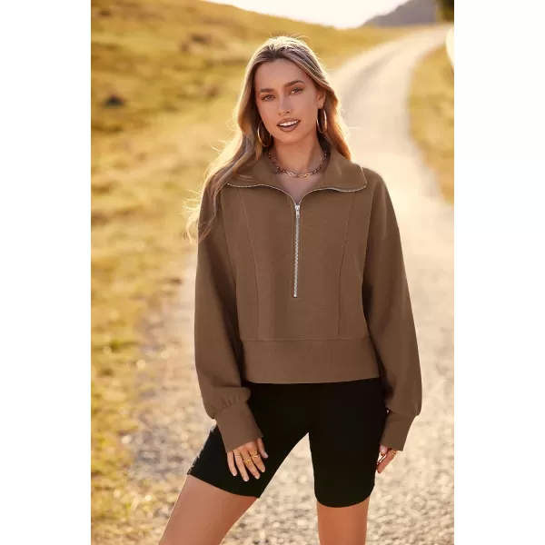 imagePRETTYGARDEN Womens Fall Fashion Zip Up Sweatshirt Casual Long Lantern Sleeve Split Hem Collared Blouse TopKhaki
