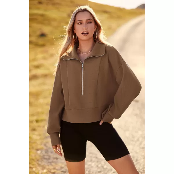 imagePRETTYGARDEN Womens Fall Fashion Zip Up Sweatshirt Casual Long Lantern Sleeve Split Hem Collared Blouse TopKhaki