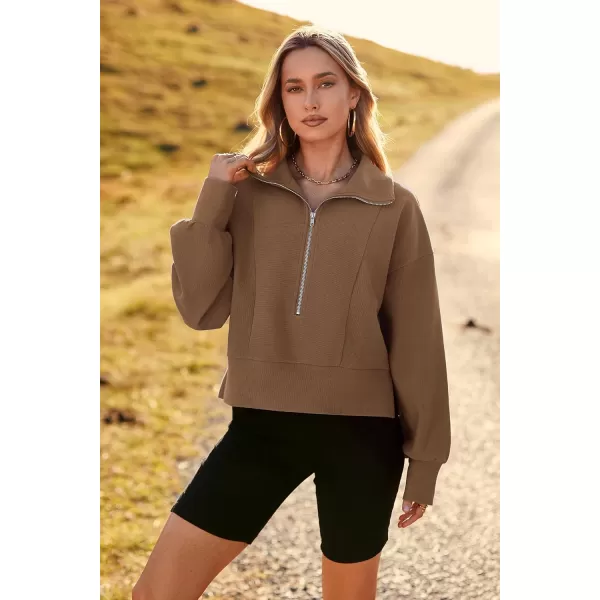 imagePRETTYGARDEN Womens Fall Fashion Zip Up Sweatshirt Casual Long Lantern Sleeve Split Hem Collared Blouse TopKhaki