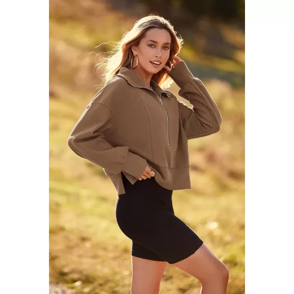 imagePRETTYGARDEN Womens Fall Fashion Zip Up Sweatshirt Casual Long Lantern Sleeve Split Hem Collared Blouse TopKhaki