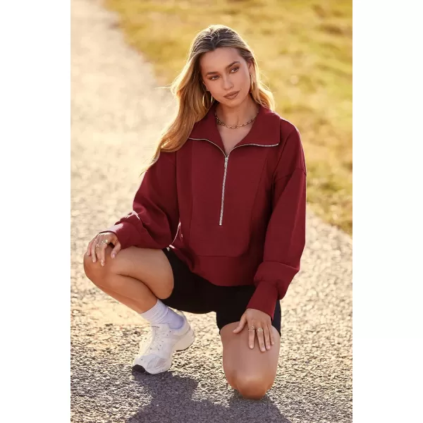 imagePRETTYGARDEN Womens Fall Fashion Zip Up Sweatshirt Casual Long Lantern Sleeve Split Hem Collared Blouse TopWine Red