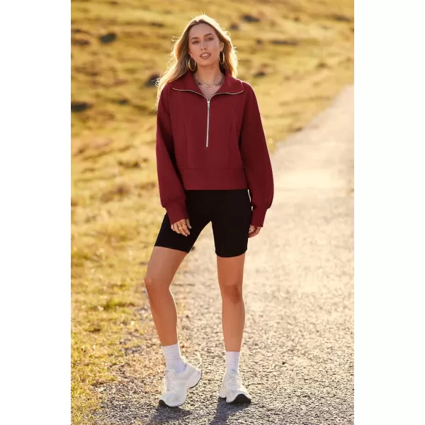 imagePRETTYGARDEN Womens Fall Fashion Zip Up Sweatshirt Casual Long Lantern Sleeve Split Hem Collared Blouse TopWine Red