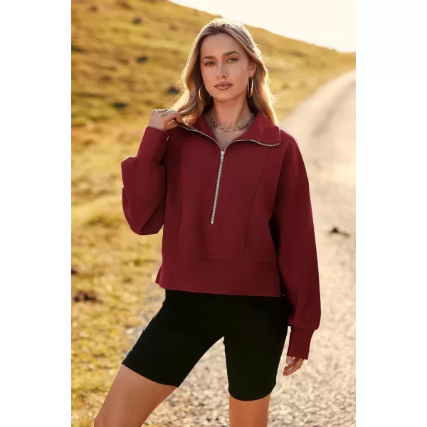 imagePRETTYGARDEN Womens Fall Fashion Zip Up Sweatshirt Casual Long Lantern Sleeve Split Hem Collared Blouse TopWine Red
