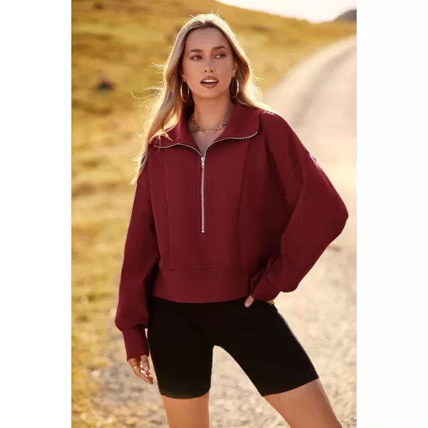 imagePRETTYGARDEN Womens Fall Fashion Zip Up Sweatshirt Casual Long Lantern Sleeve Split Hem Collared Blouse TopWine Red