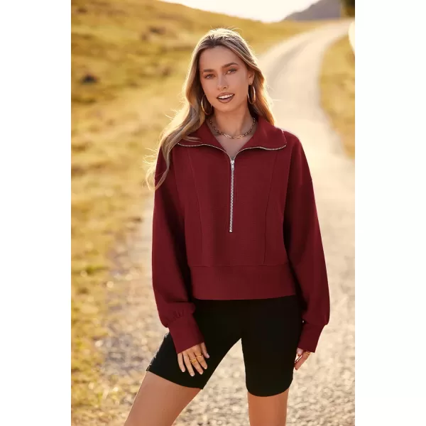 imagePRETTYGARDEN Womens Fall Fashion Zip Up Sweatshirt Casual Long Lantern Sleeve Split Hem Collared Blouse TopWine Red