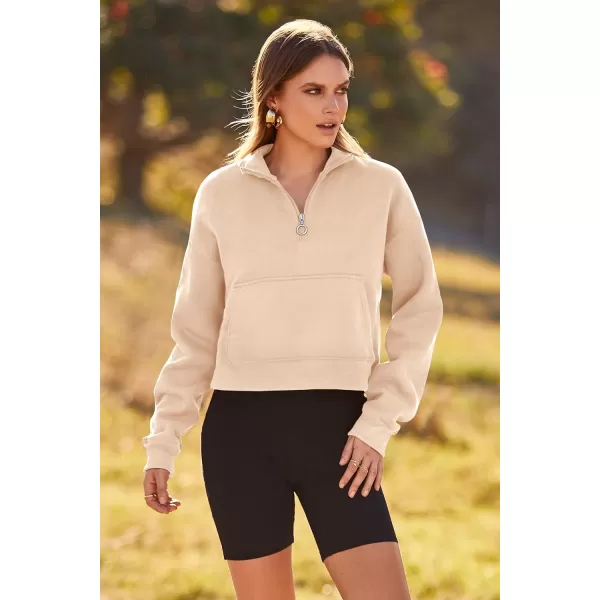 imagePRETTYGARDEN Womens Fall Fashion Zip Up Sweatshirt Casual Long Sleeve Collared Crop Tops Blouse ActivewearBeige