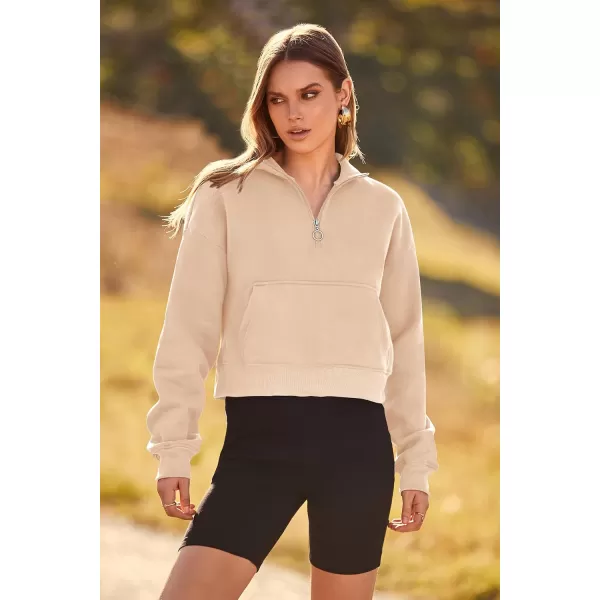 imagePRETTYGARDEN Womens Fall Fashion Zip Up Sweatshirt Casual Long Sleeve Collared Crop Tops Blouse ActivewearBeige